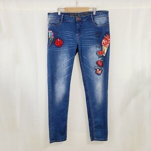 Desigual embroidered sequin jeans skinny blue parrot butterfly size 34